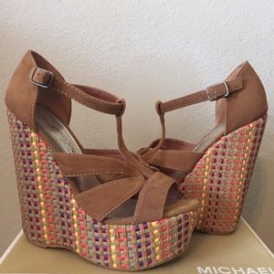 Wedge Platform Heels - Tan w/ Colorful Wedge